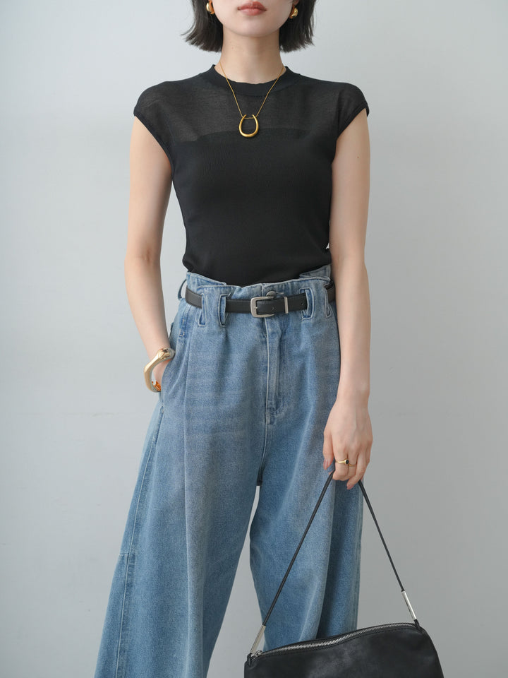 【套裝】透視拼接針織上衣+高腰皮帶環設計牛仔褲（兩件組）