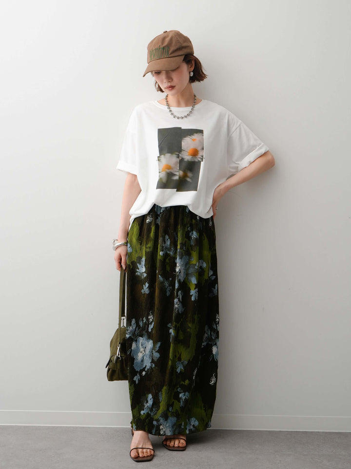 【着回しセット】フラワーフォトTEE+フラワープリントドレープタックパンツ+フラワープリントIラインギャザースカート(3set)