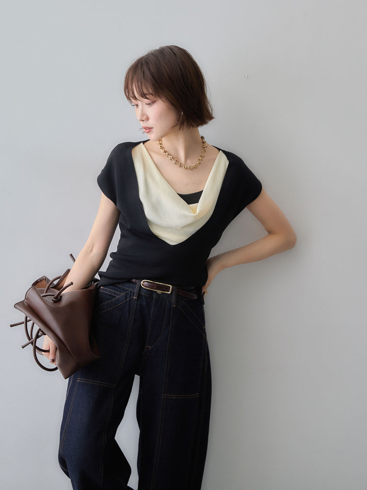[予約]レイヤードデザインスリムフレンチニットトップス/black