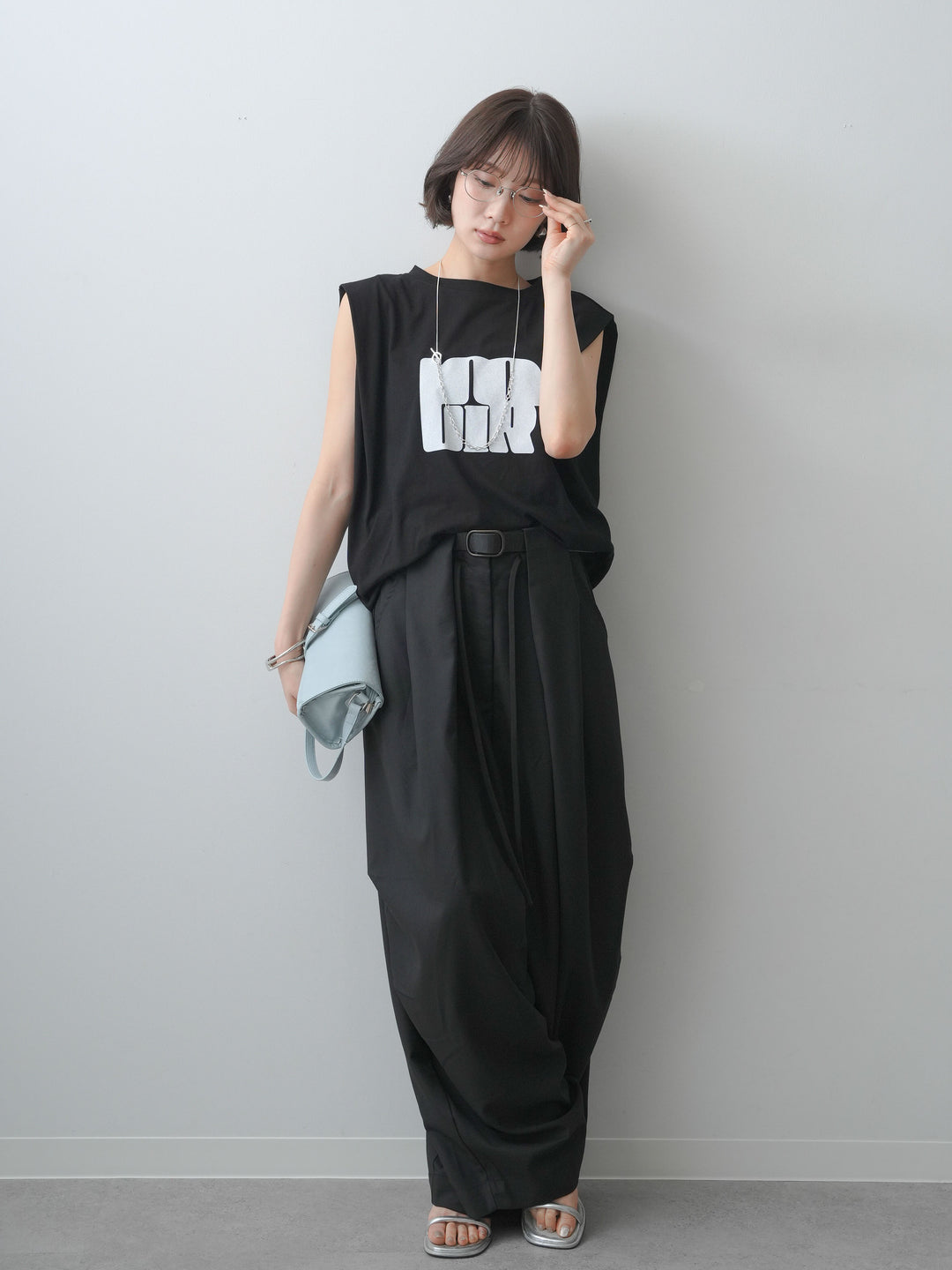 [SET]ワイドネックプリントTEE+ショルダータックノースリーブオーバーTEE(2set)