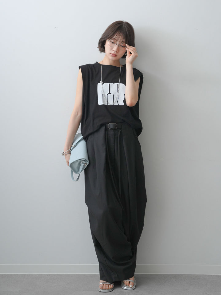 [SET]ワイドネックプリントTEE+ショルダータックノースリーブオーバーTEE(2set)