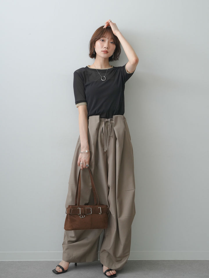 [SET]トリムレイヤードシアー半袖トップス+ベルトループカーブタックワイドパンツ(2set)