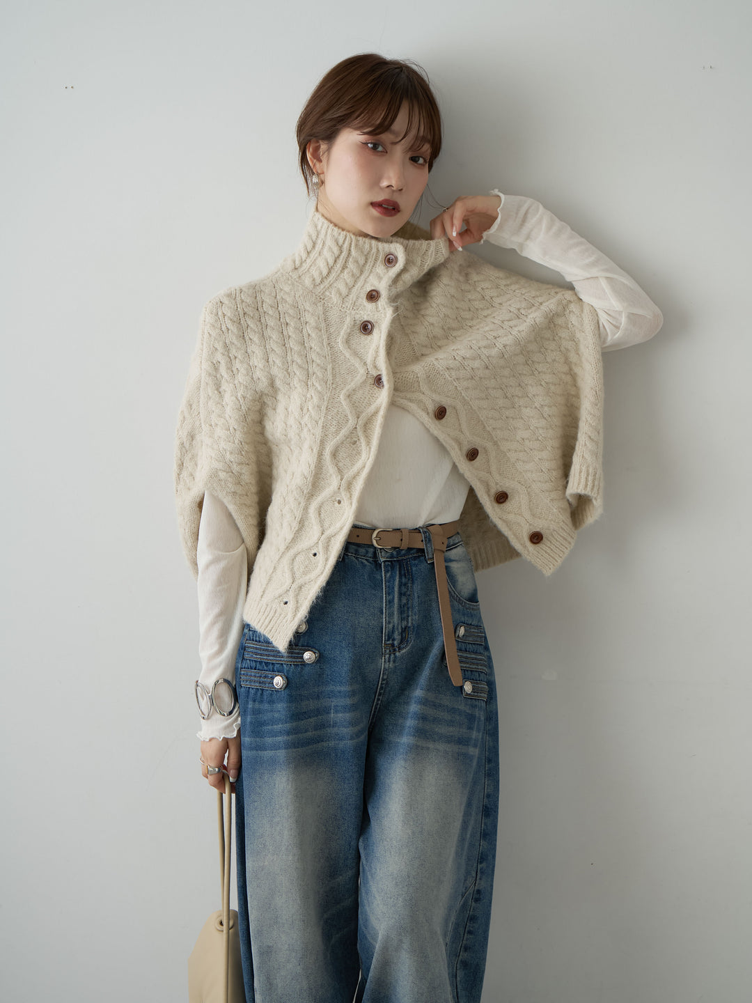 [予約]ケーブルケープニットトップス/beige