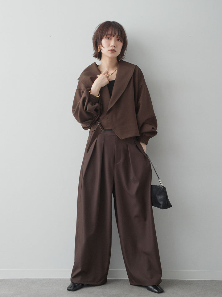 [SET]サイドベルトビッグカラーショートジャケット+カップ付きバッククロスキャミソール+ツイルタックワイドパンツ(3set)
