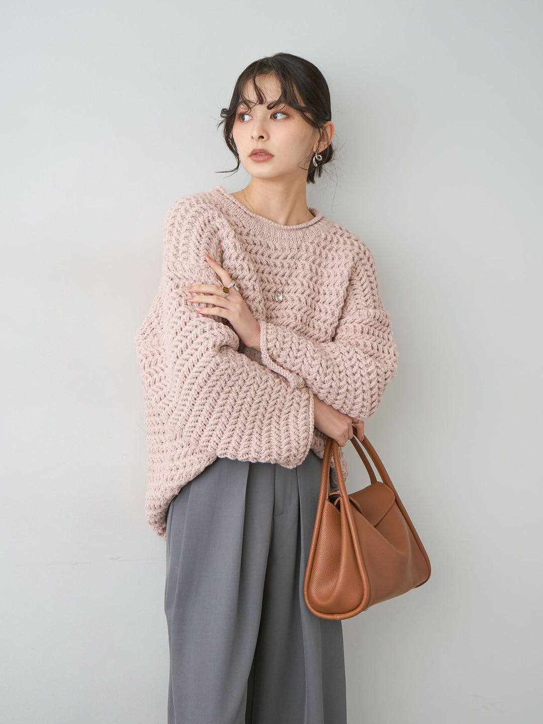 [SET]立体ヘリンボーン編みニットプルオーバー+選べるアクセセット(2set)