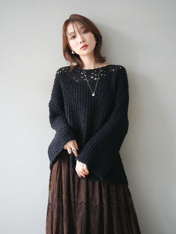 [予約]ボートネック透かし編みニットプルオーバー/navy