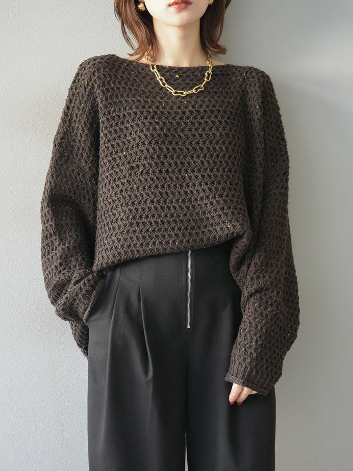 [予約]ネップ透かし編みオーバーニット/brown