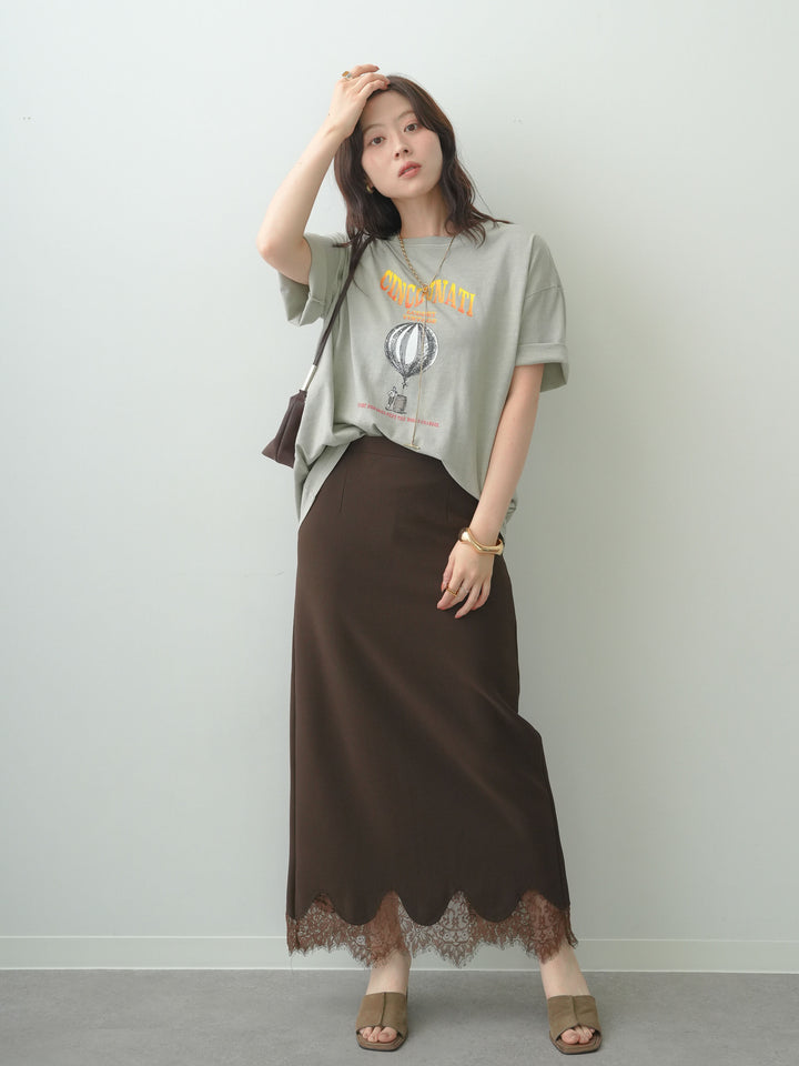 [SET]ヴィンテージライクプリントオーバーTEE+レースヘムストレッチIラインスカート(2set)