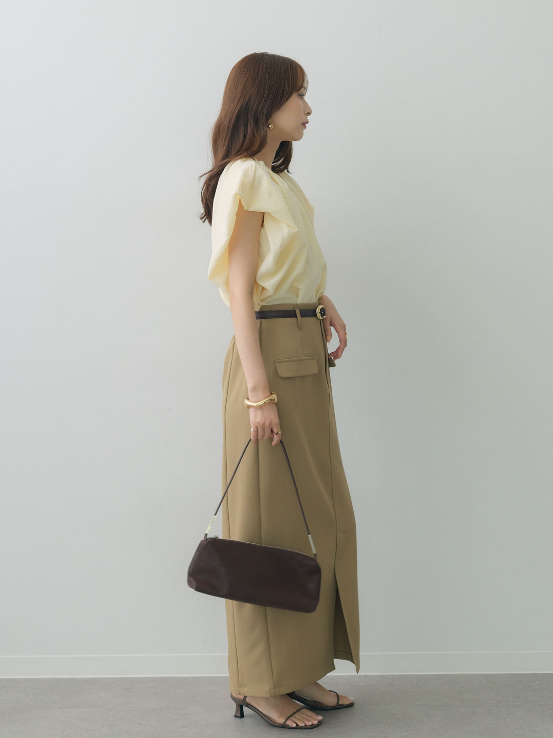 [SET]フレンチタックバルーンブラウス+クレープデシンフラップ付きストレートスカート(2set)