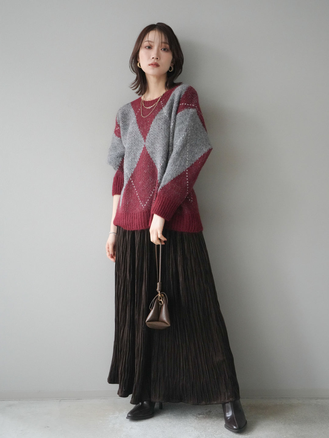 [SET]アーガイルオーバーニットプルオーバー+スエードワッシャープリーツスカート(2set)
