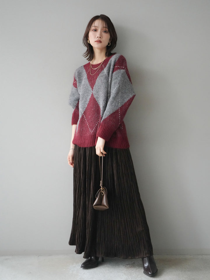 [SET]アーガイルオーバーニットプルオーバー+スエードワッシャープリーツスカート(2set)
