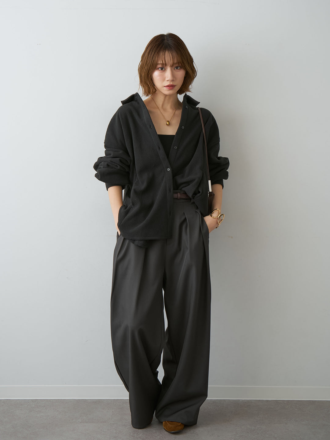 [SET]フリースパイピングシャツ+ツイルタックワイドパンツ(2set)