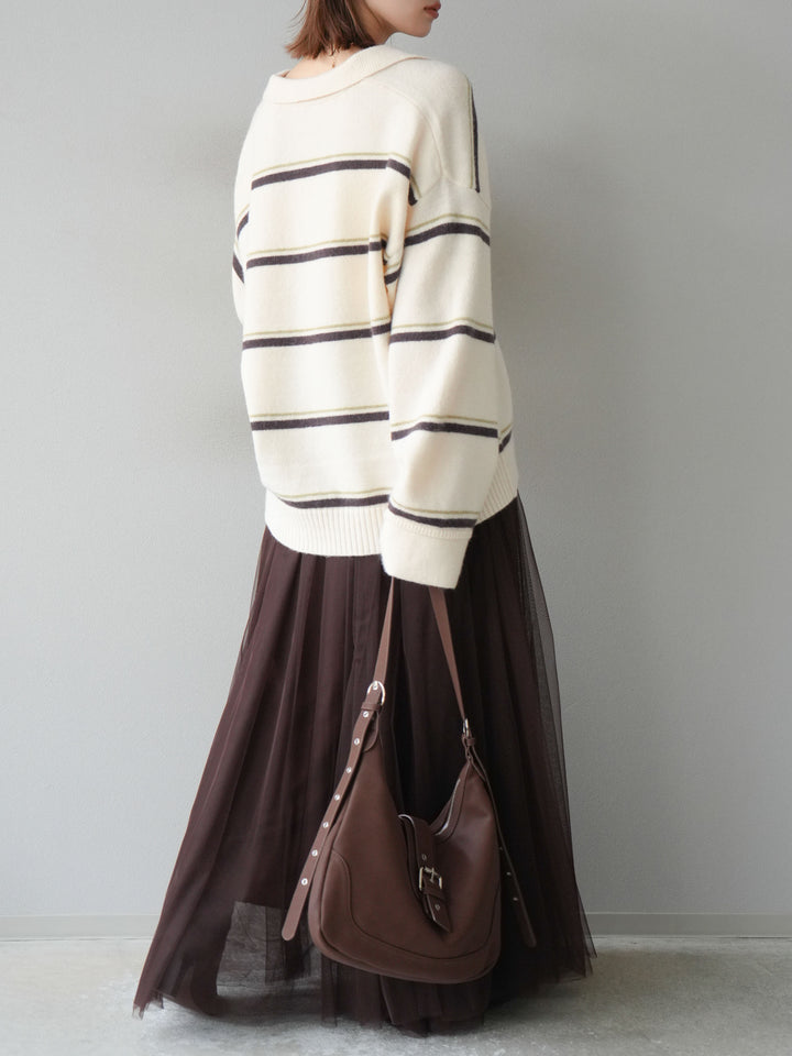 [SET]ポロ襟スキッパーボーダーニットプルオーバー+チュールボリュームスカート(2set)