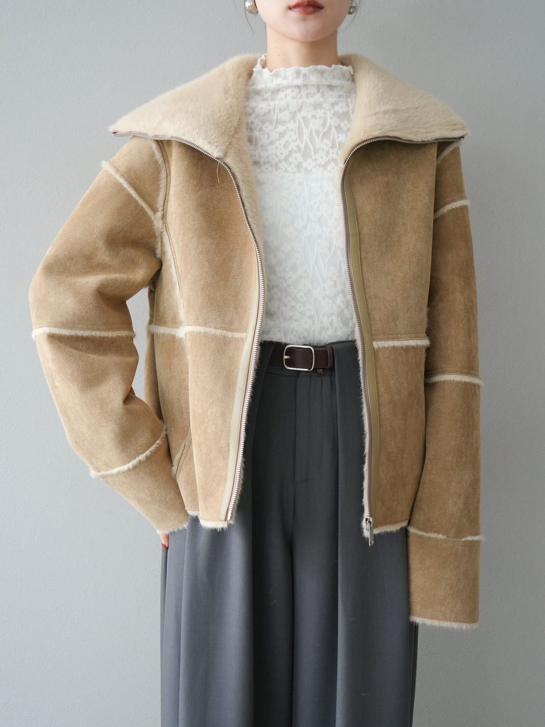 [予約]スタンドカラームートンZIPジャケット/beige
