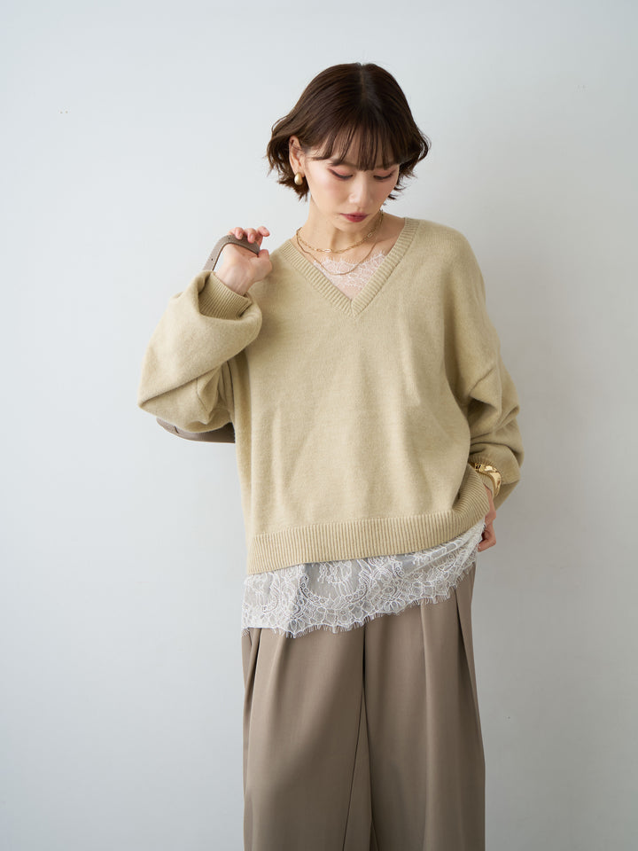 [SET]アルパカタッチレースドッキングVネックニットトップス+選べるアクセセット(2set)