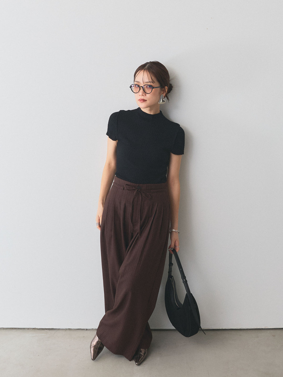 【Allure】[SET]デザインリブハーフニットトップス+ウールライクストライプワイドパンツ(2set)