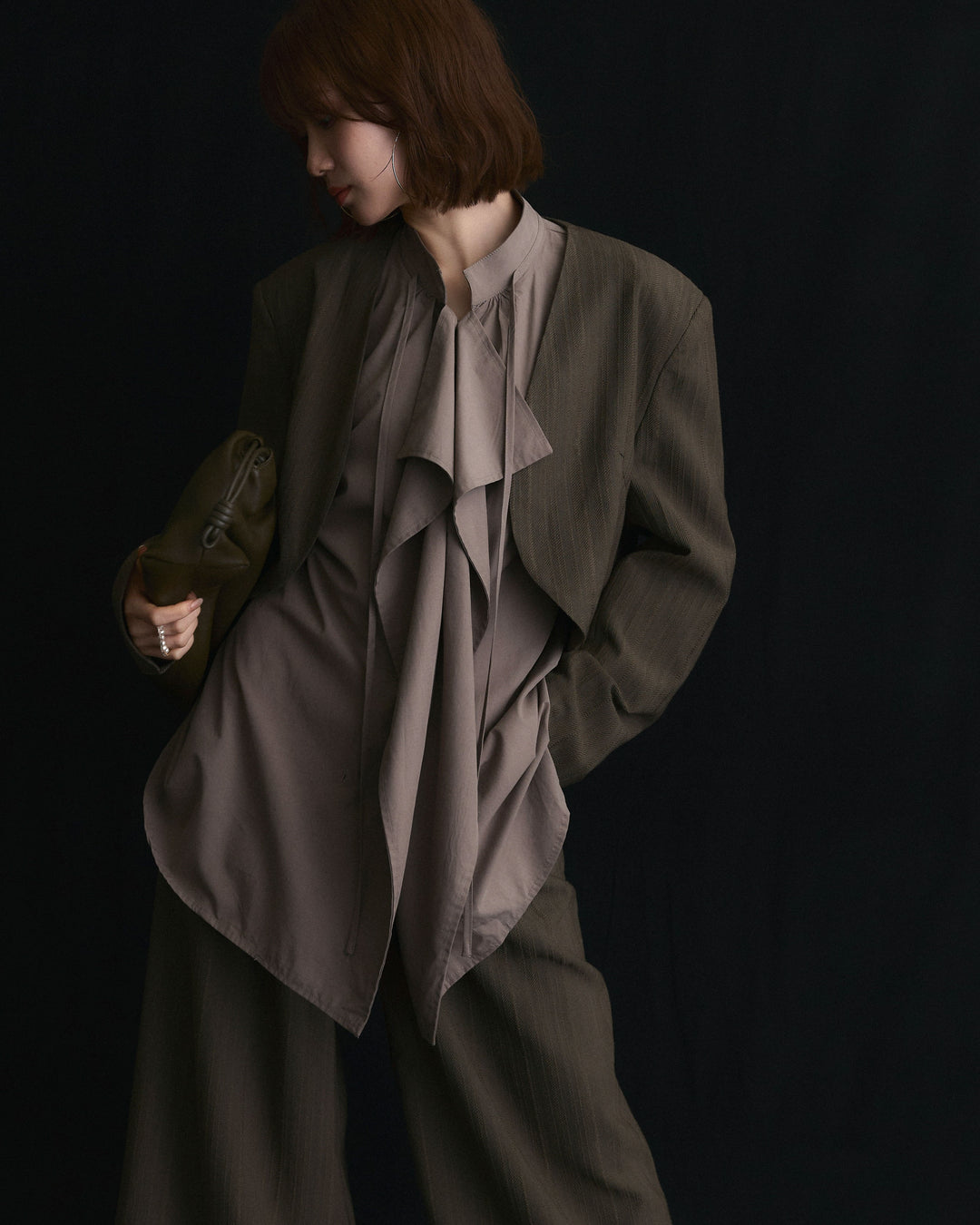 【Allure】[SET]ヘリンボーンショートジャケット＆ワイドパンツSET UP+ヘリンボーンショートジャケット＆ワイドパンツSET UP(2set)