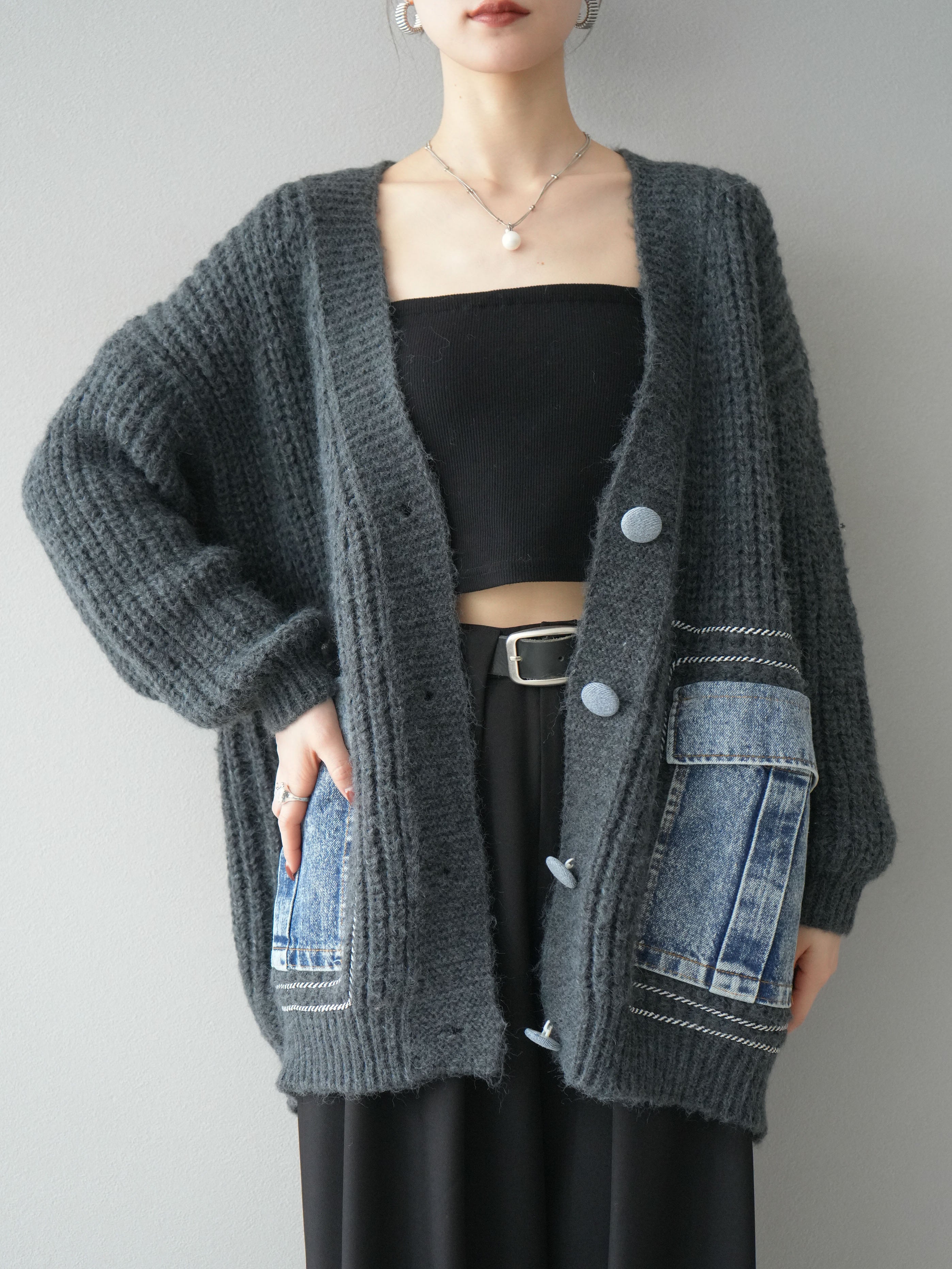 専用 70sカーディガン、レザー、デニム 予約]デニムポケットハンドステッチカーディガン/gray – Lumier