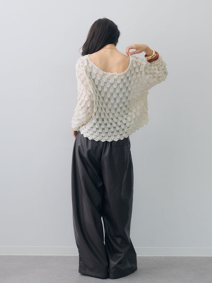 [SET]テクスチャードスカラップニットトップス+フェイクレザーワイドパンツ(2set)