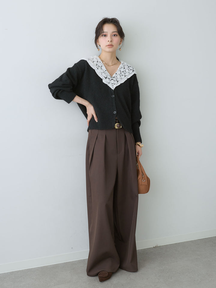 [SET]モヘアレースショールカラーカーディガン+ツイルタックワイドパンツ(2set)