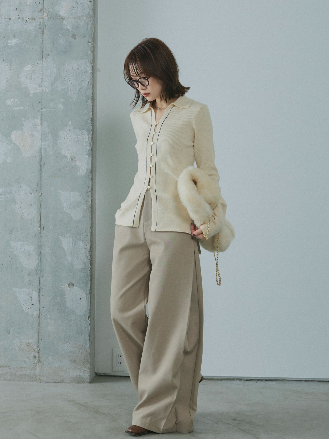 【Allure】[SET]リブ配色ラインポロニットカーディガン+サイドタックワイドパンツ(2set)