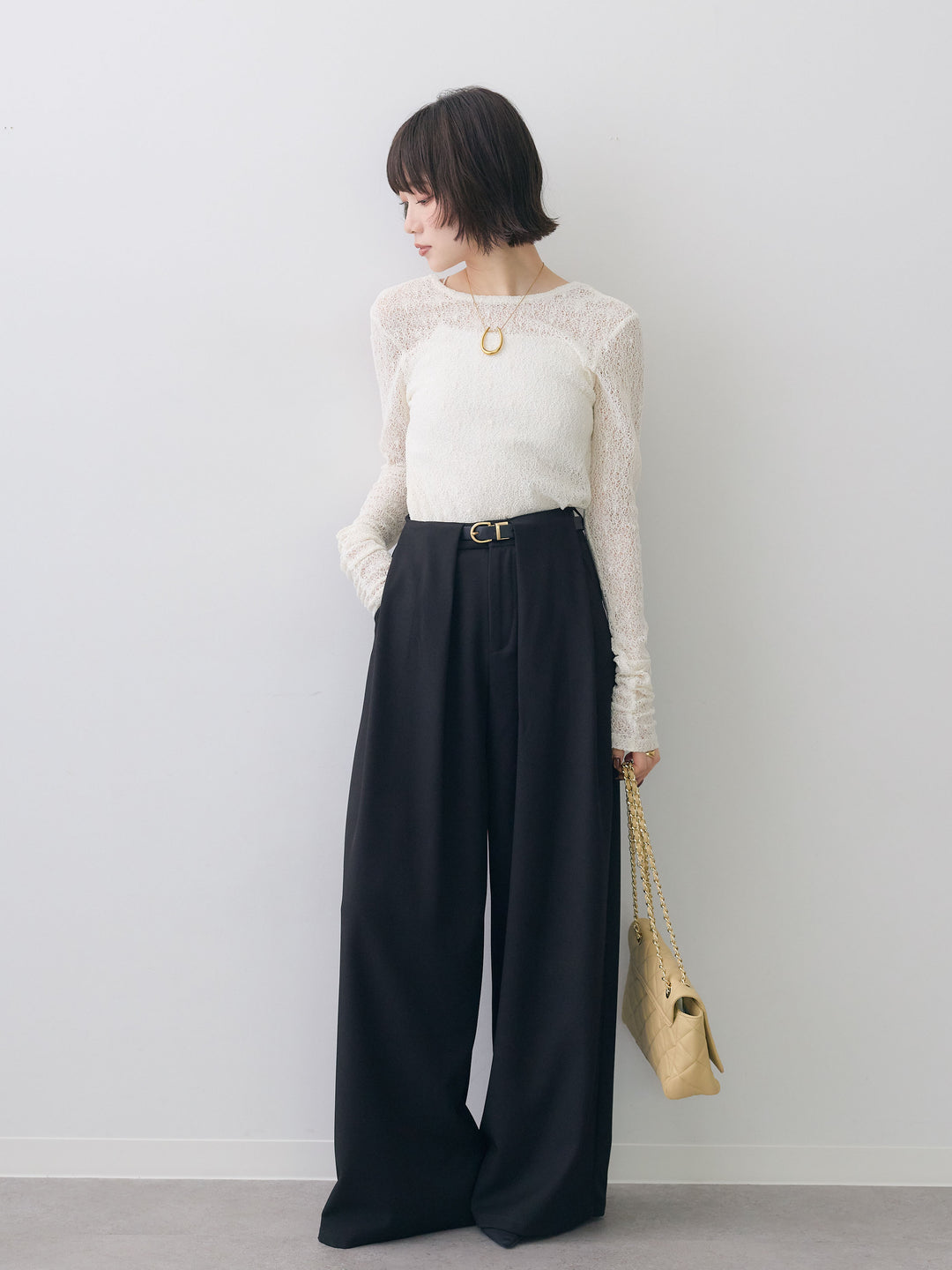 [SET]メッシュレースバックオープントップス+ベルトループデザインワイドパンツ(2set)