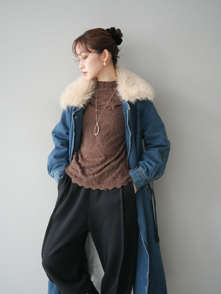 [予約]ファー襟デニムロングコート/blue