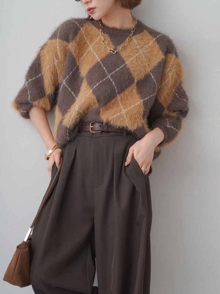[予約]アーガイルシャギーニットトップス/brown