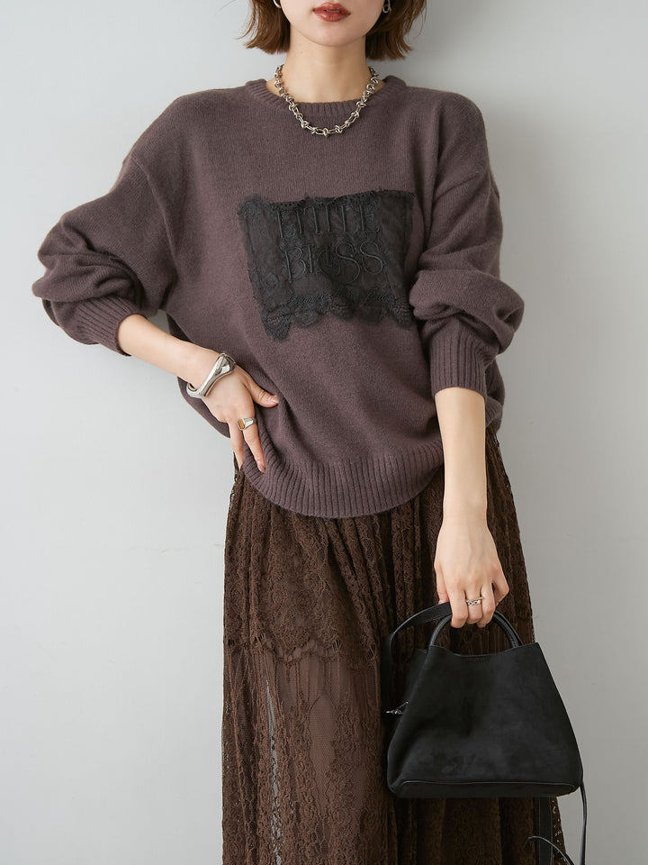 [予約]アルパカタッチ刺繍レースロゴニットプルオーバー/brown