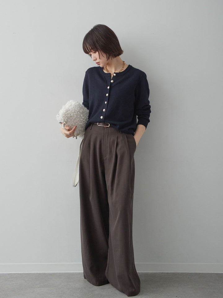 [SET]ゴールドボタンニットカーディガン+ツータックドレープストレートパンツ(2set)