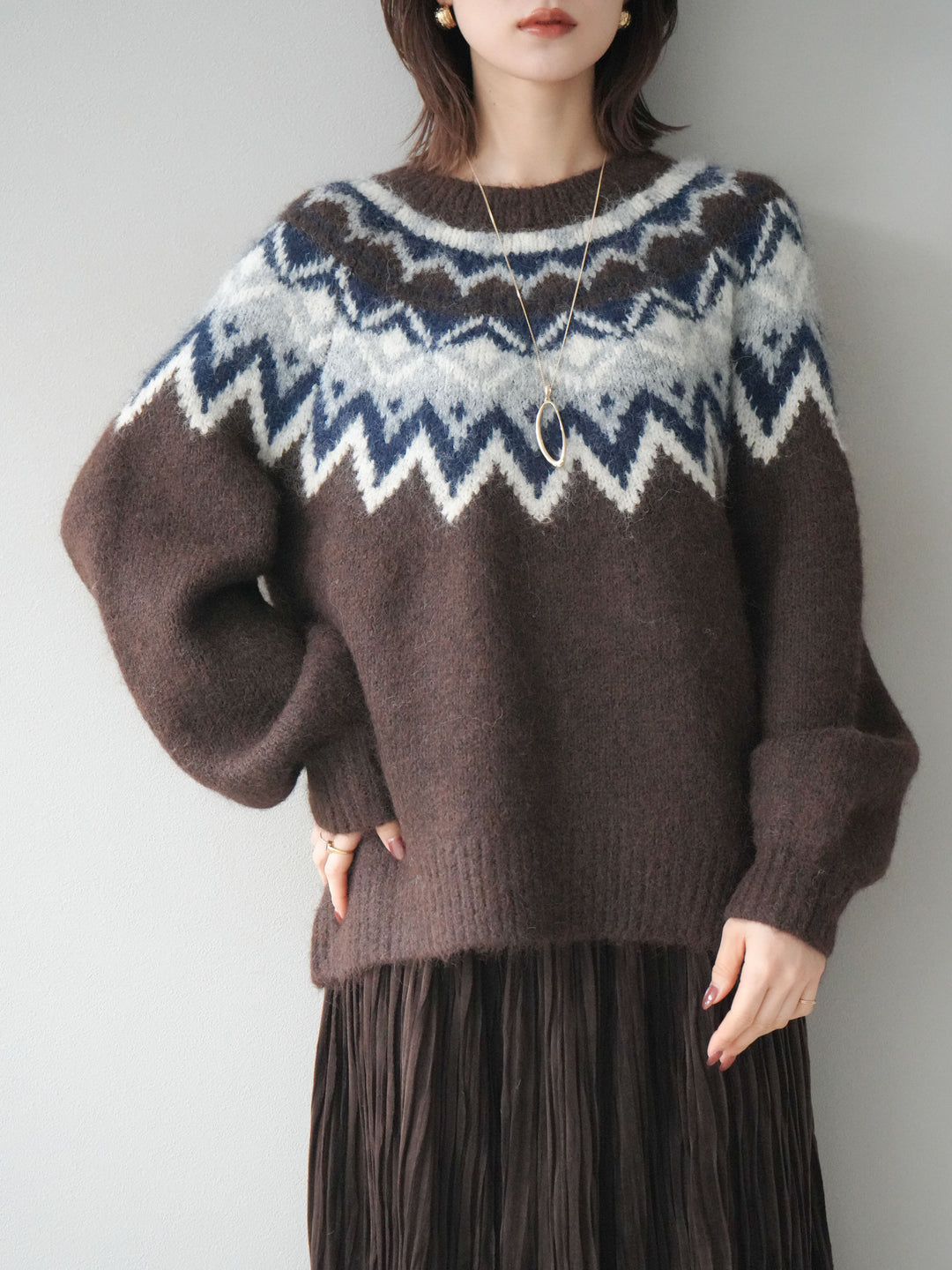 [SET]求心柄オーバーニットプルオーバー+スエードワッシャープリーツスカート(2set)