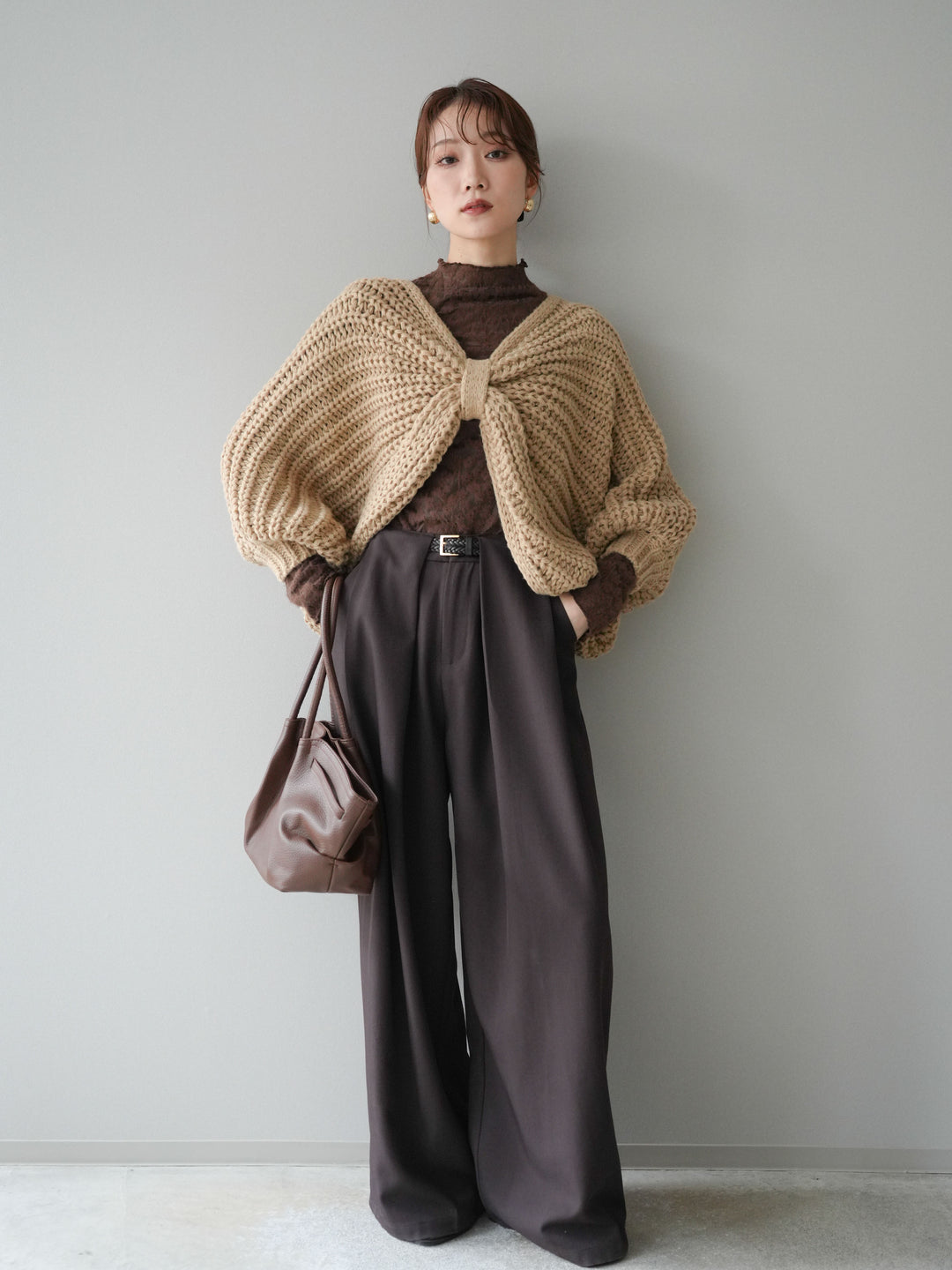 [SET]ローゲージ畦編みドルマンニットボレロ+起毛レースプチネックトップス+ベルトループデザインワイドパンツM(3set)