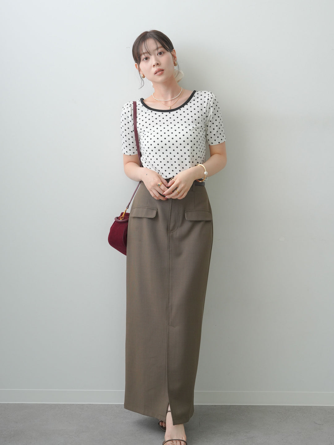 [SET]前後2wayドットバイカラーパイピングTEE+クレープデシンフラップ付きストレートスカート(2set)
