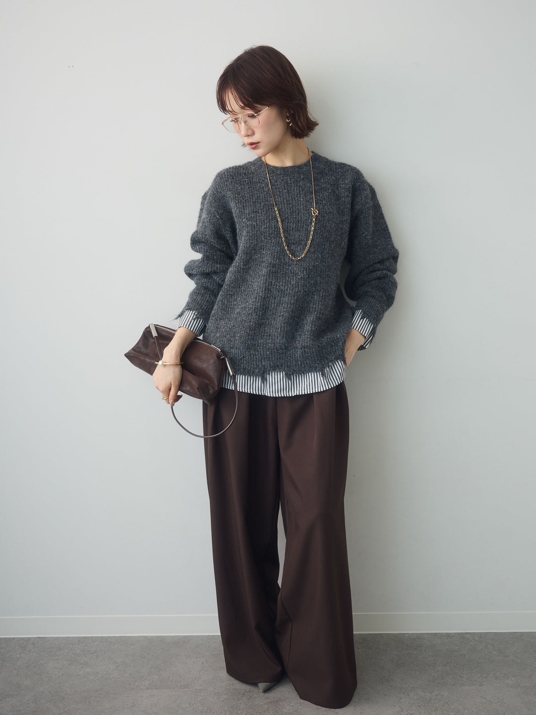 [SET]シャツレイヤードデザインモヘアプルオーバー+ツイルタックワイドパンツ(2set)
