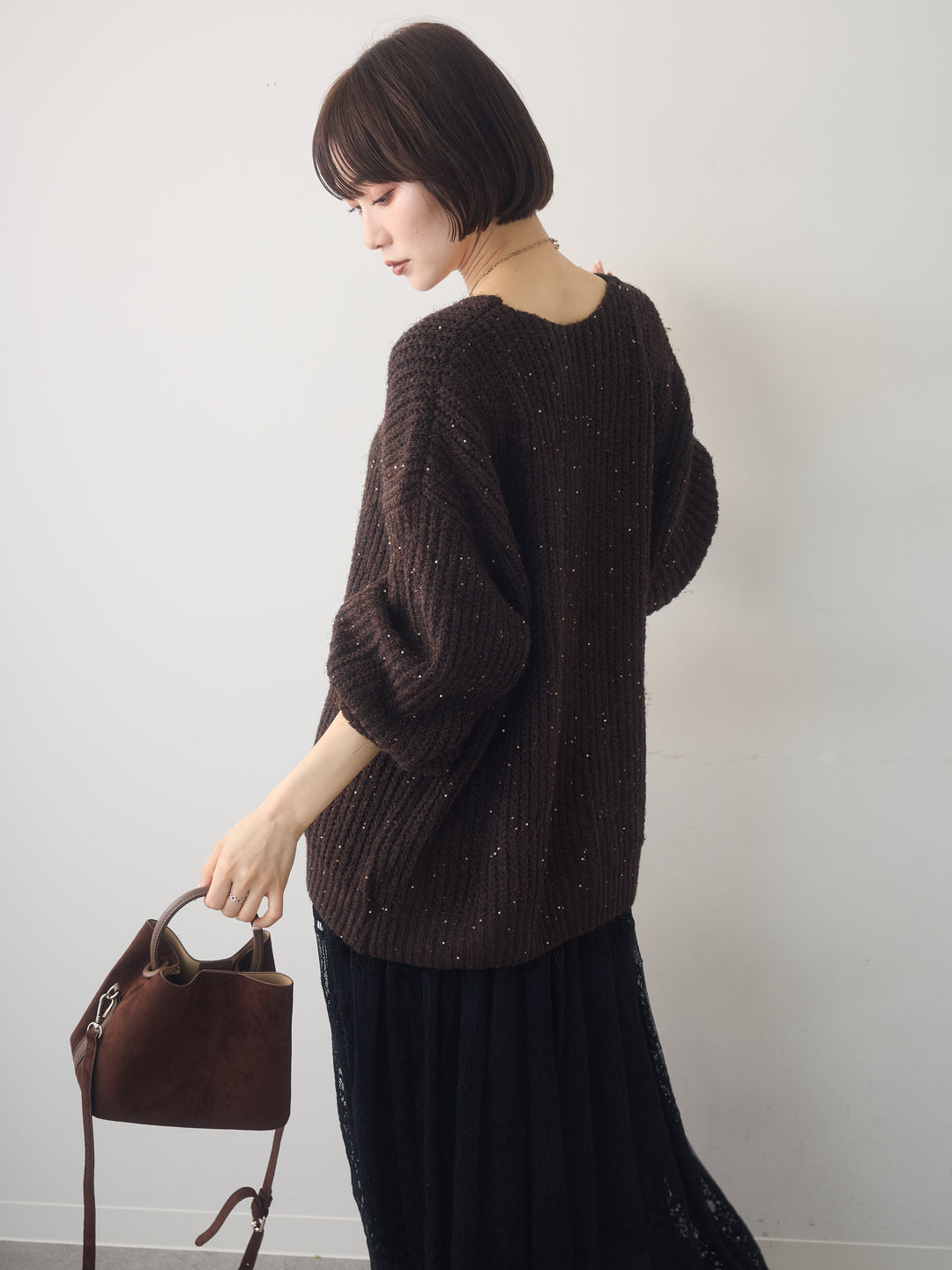 [予約]バルーンスリーブスパンリブニットトップス/brown