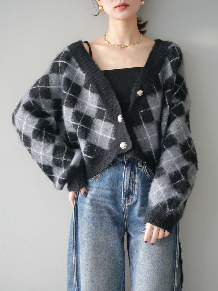 [予約]アーガイルシャギーニットカーディガン/gray