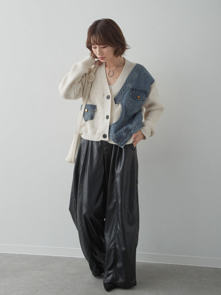 [SET]デニムコンビデザインニットカーディガン+フェイクレザーワイドパンツ(2set)