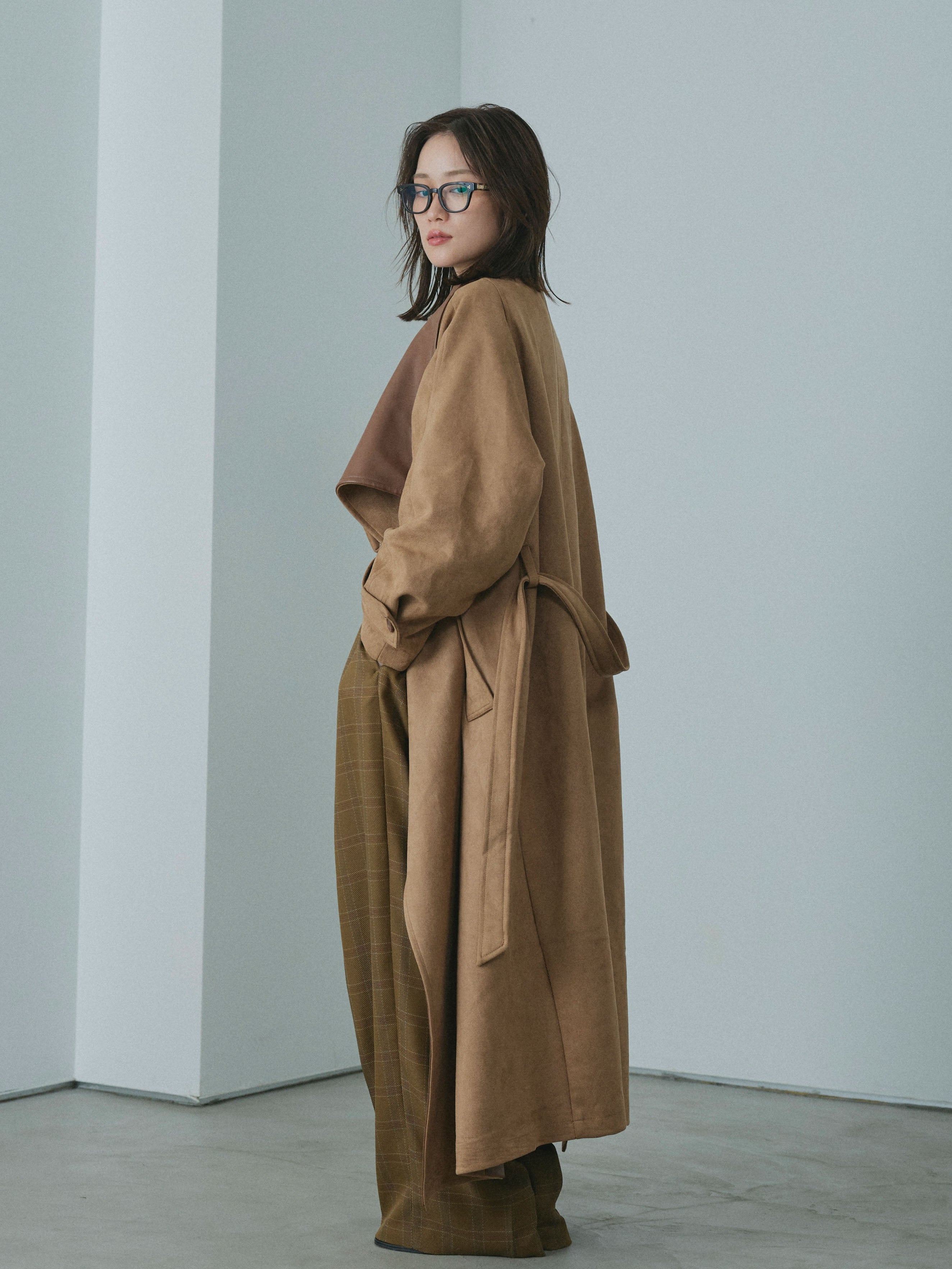 【Drawer】ベルト付き ロングニットコート カーディガン 2 Allure】[SET]レザーカラースウェードロングコート+ミックスハイネック