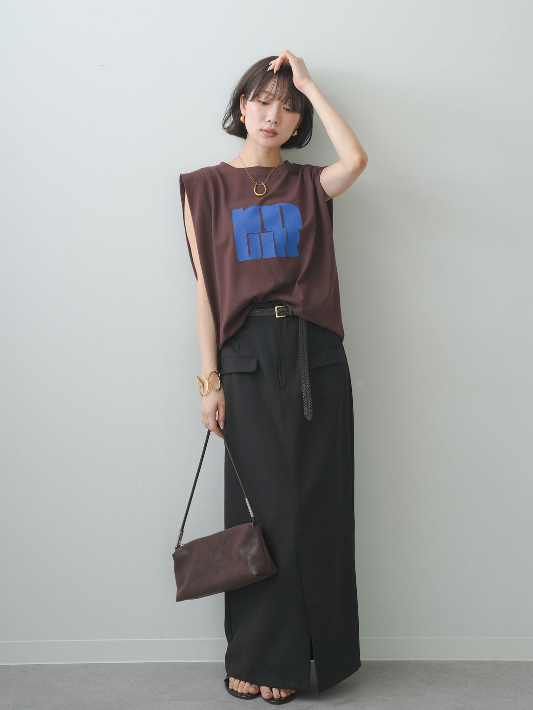 [SET]フロントジップフリルカラーデニムトップス+ショルダータックノースリーブオーバーTEE+ベルトループカーブタックワイドパンツ(3set)