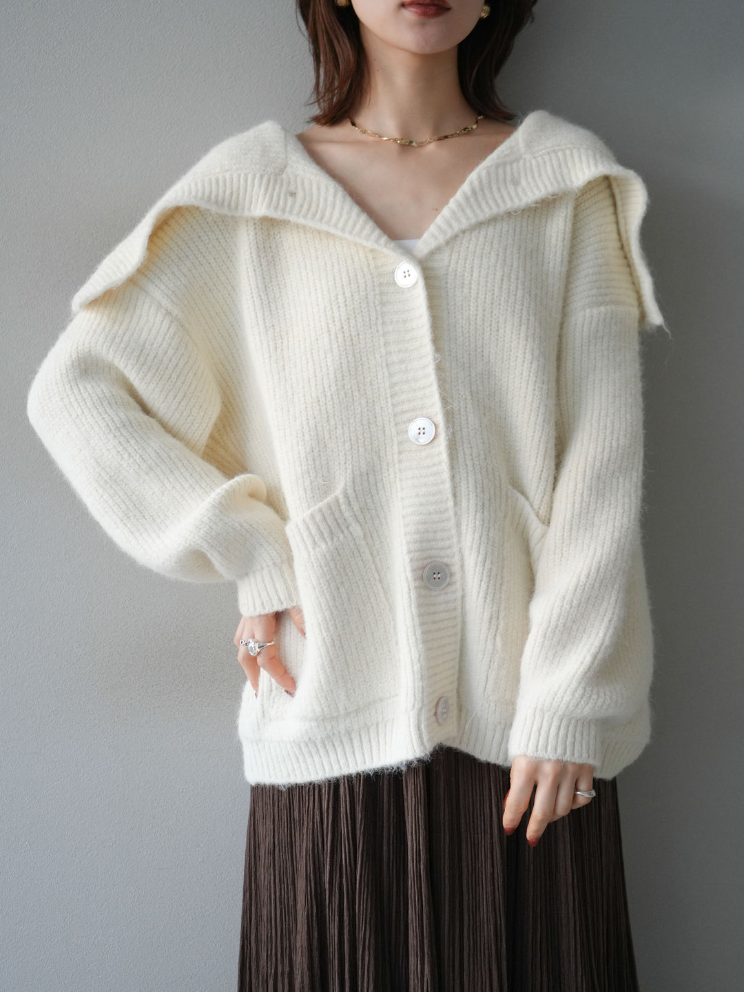 [予約]襟付きボタンオーバーニットカーディガン/ivory