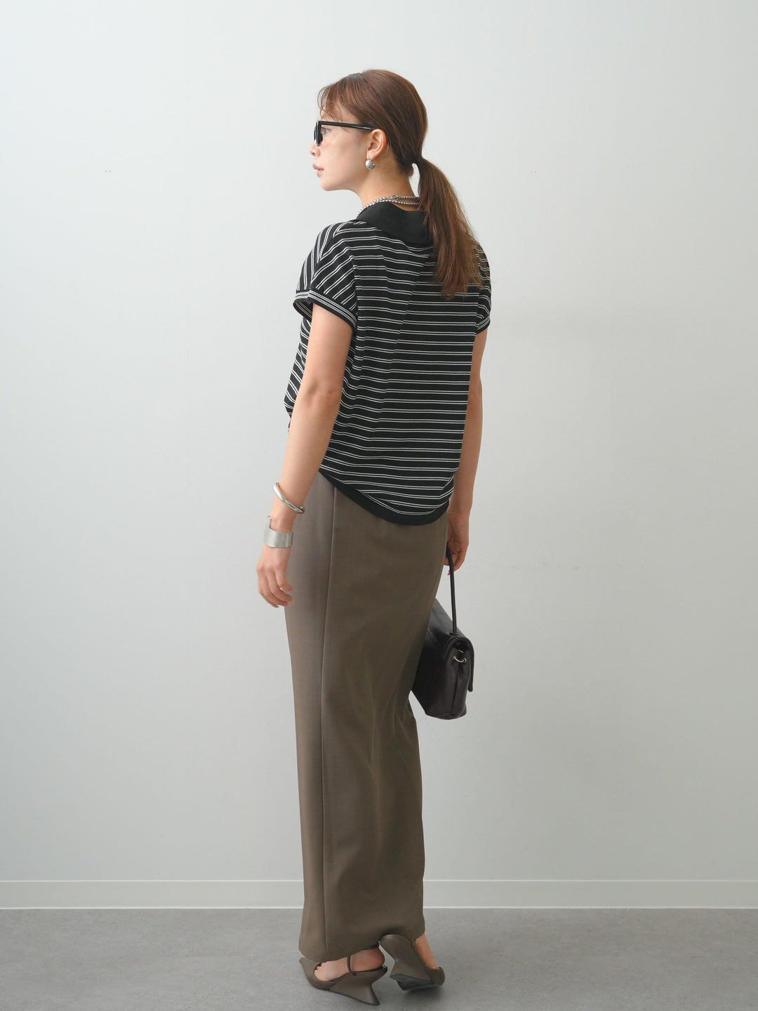 [SET]ポロニットボーダートップス+クレープデシンフラップ付きストレートスカート(2set)