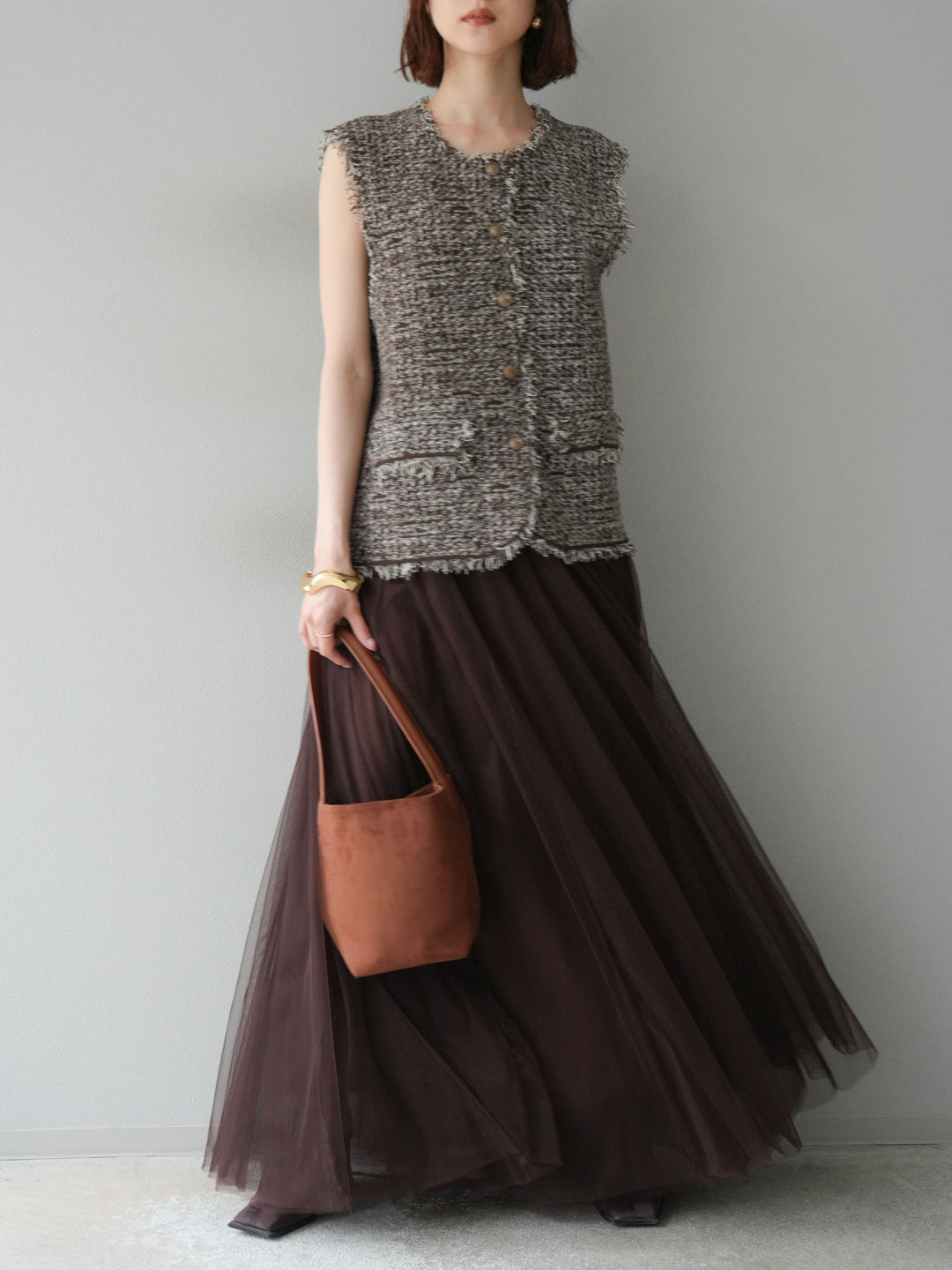 [予約]ミックスツイードフリンジニットベスト/ブラウン