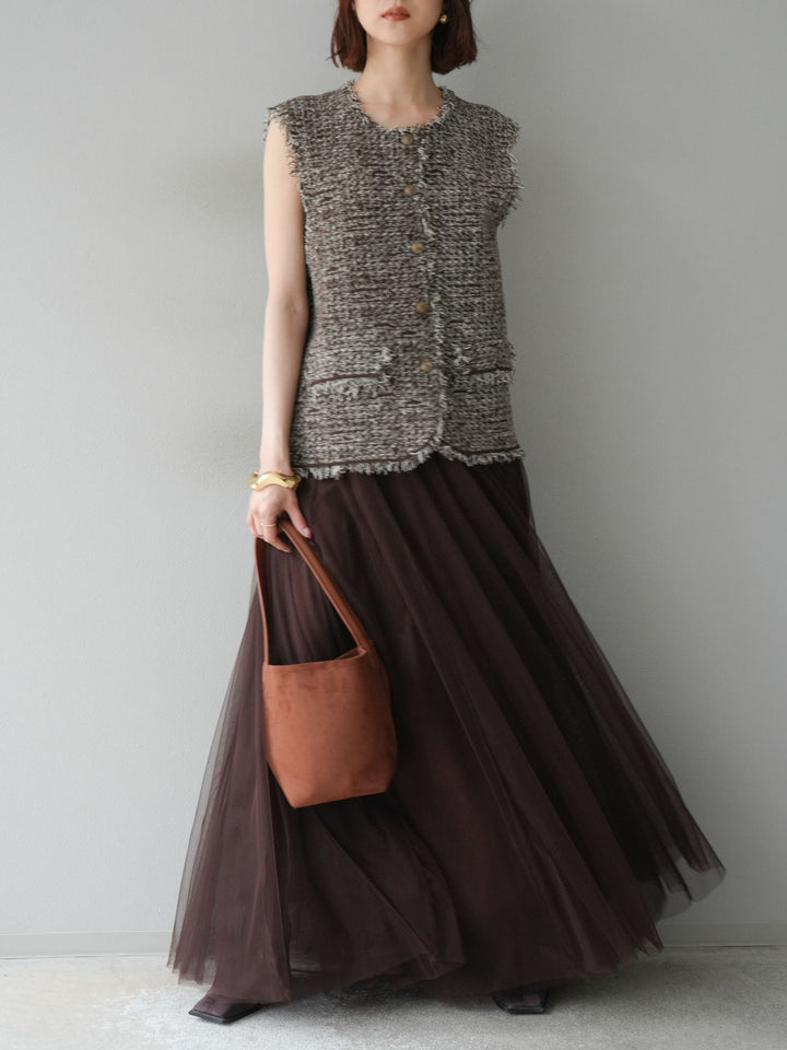 [予約]ミックスツイードフリンジニットベスト/ブラウン