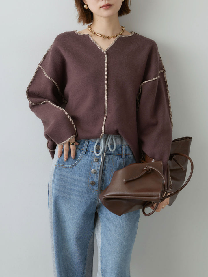 [予約]バイカラーステッチVネックニットトップス/brown