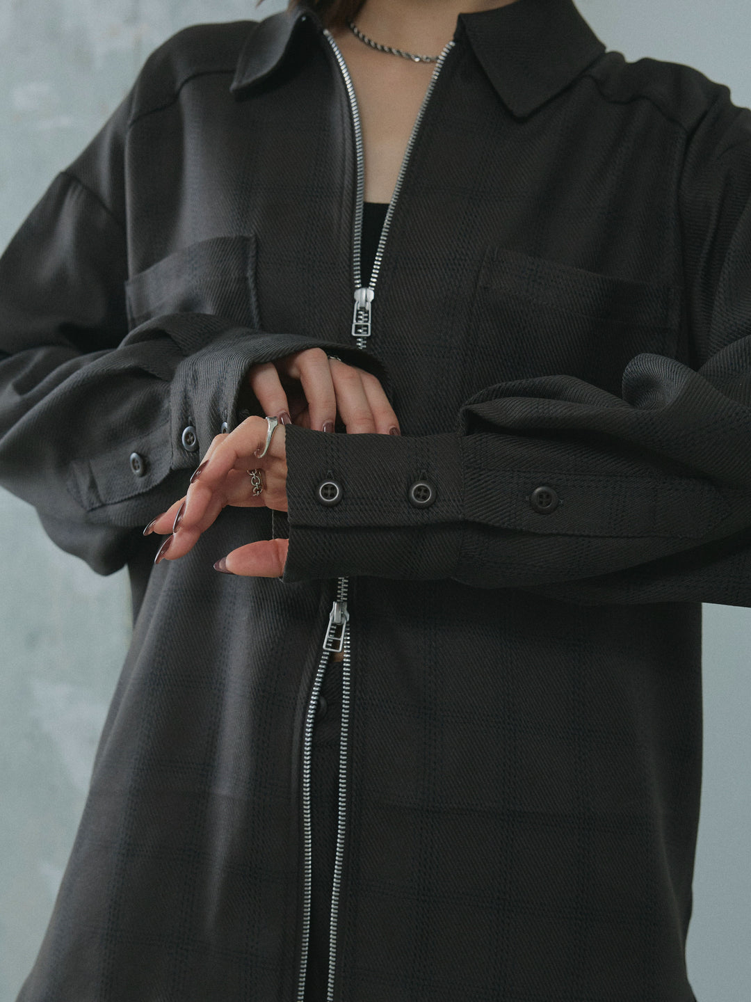 【Allure】[SET]杢チェックZIPシャツジャケット+杢チェックタックパンツ(2set)