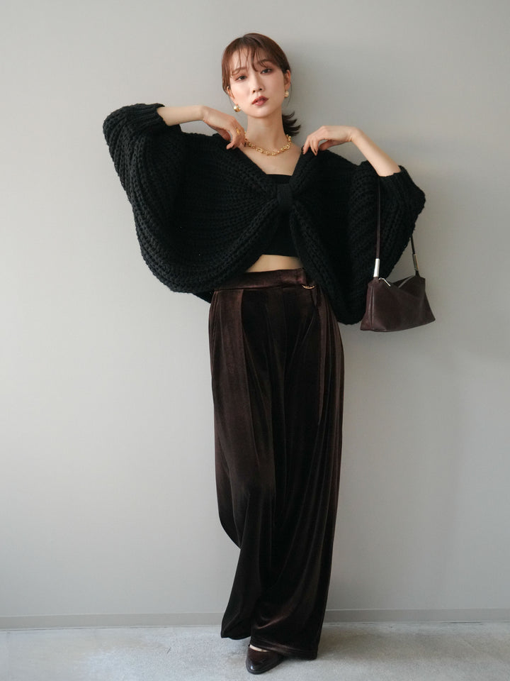 [SET]ローゲージ畦編みドルマンニットボレロ+ベロアベルトスリムパンツ(2set)