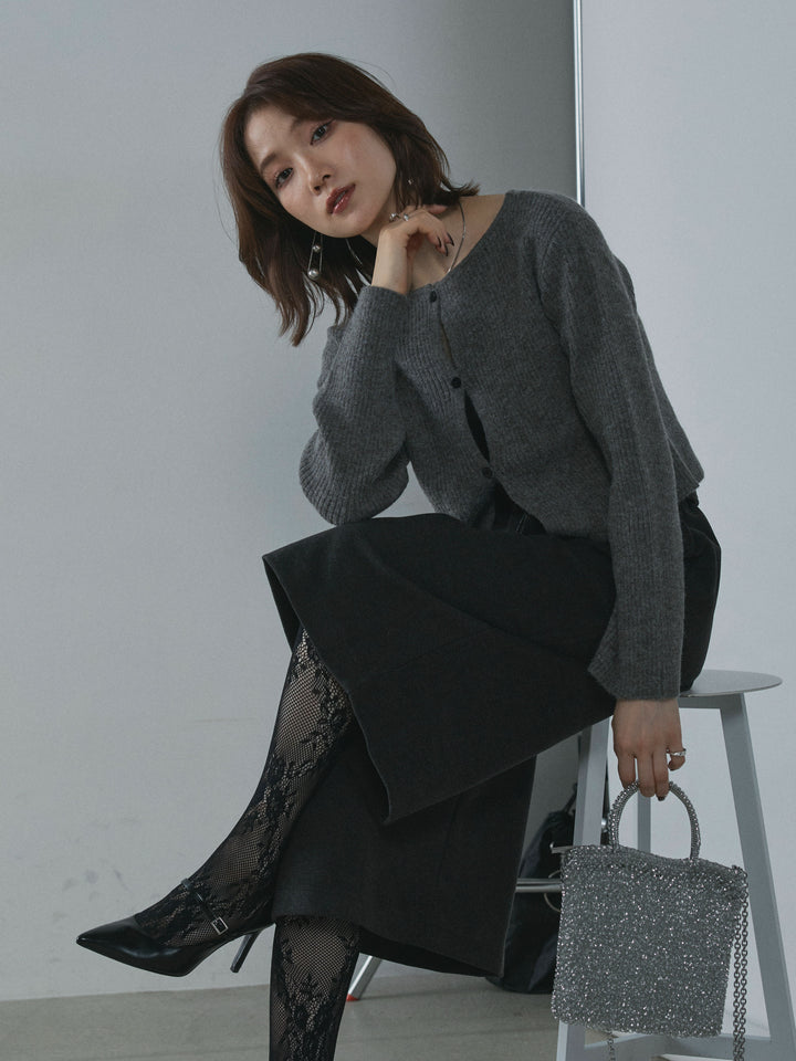 【Allure】[SET]デザインショートニットカーディガン+ベルト付ウールタッチミディアムパンツ(2set)