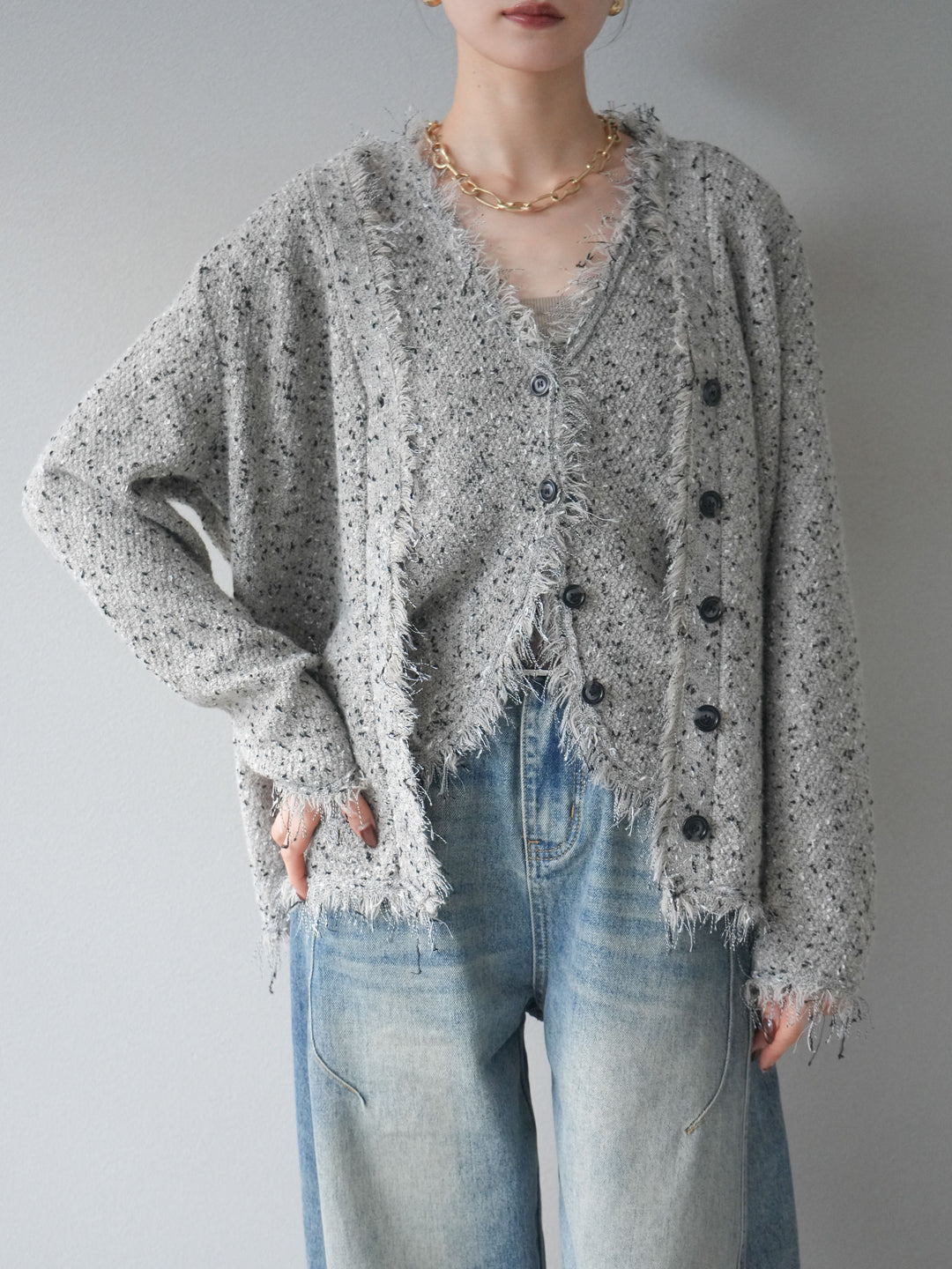 [予約]ネップフリンジニットカーディガン/khaki