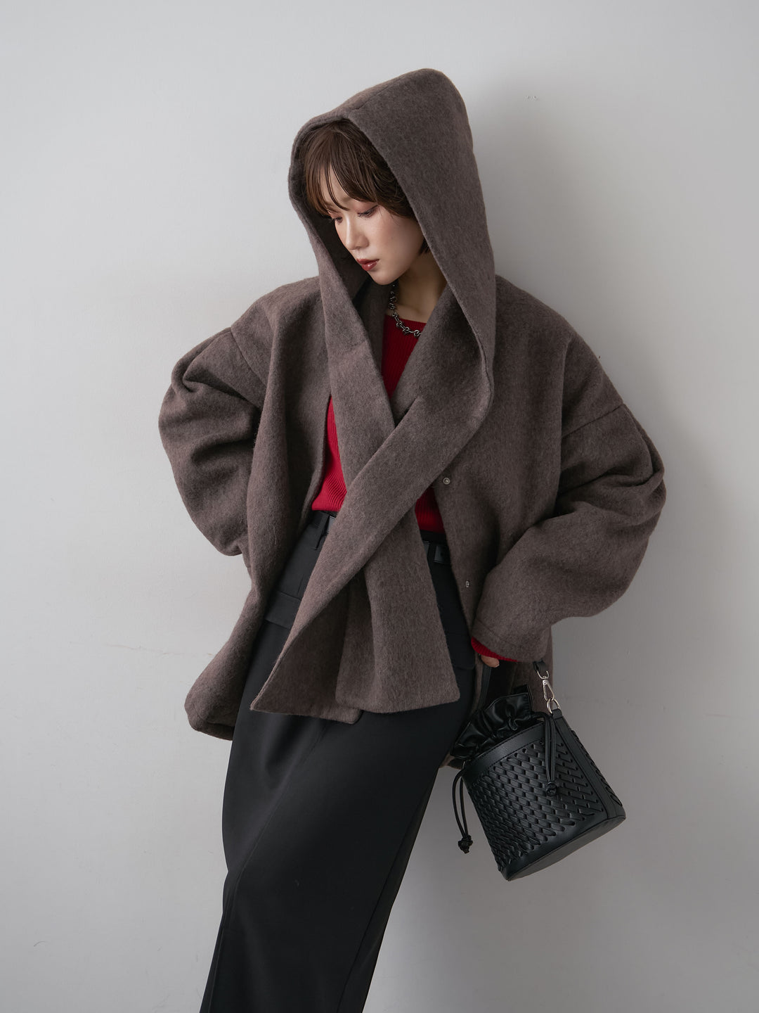 [SET]フードマフ付メランジコート+クレープデシンフラップ付きストレートスカート(2set)