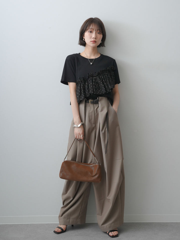 [SET]ドットギャザーフリルデザインTEE+ベルトループカーブタックワイドパンツ(2set)